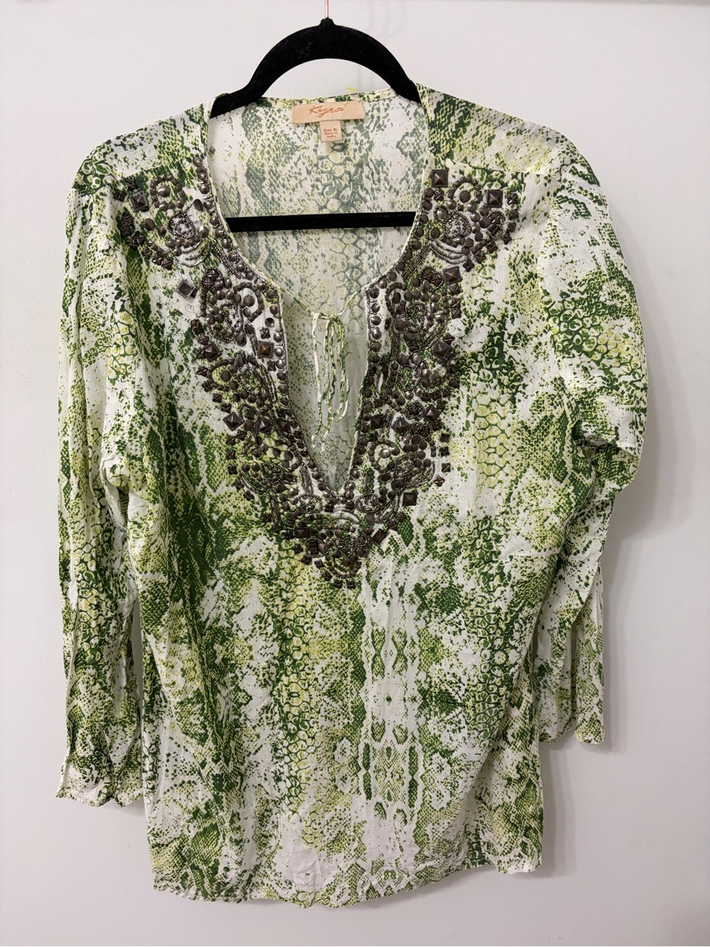 Kyra Green Snake Print Beaded V-Neck Tunic Top Women XL